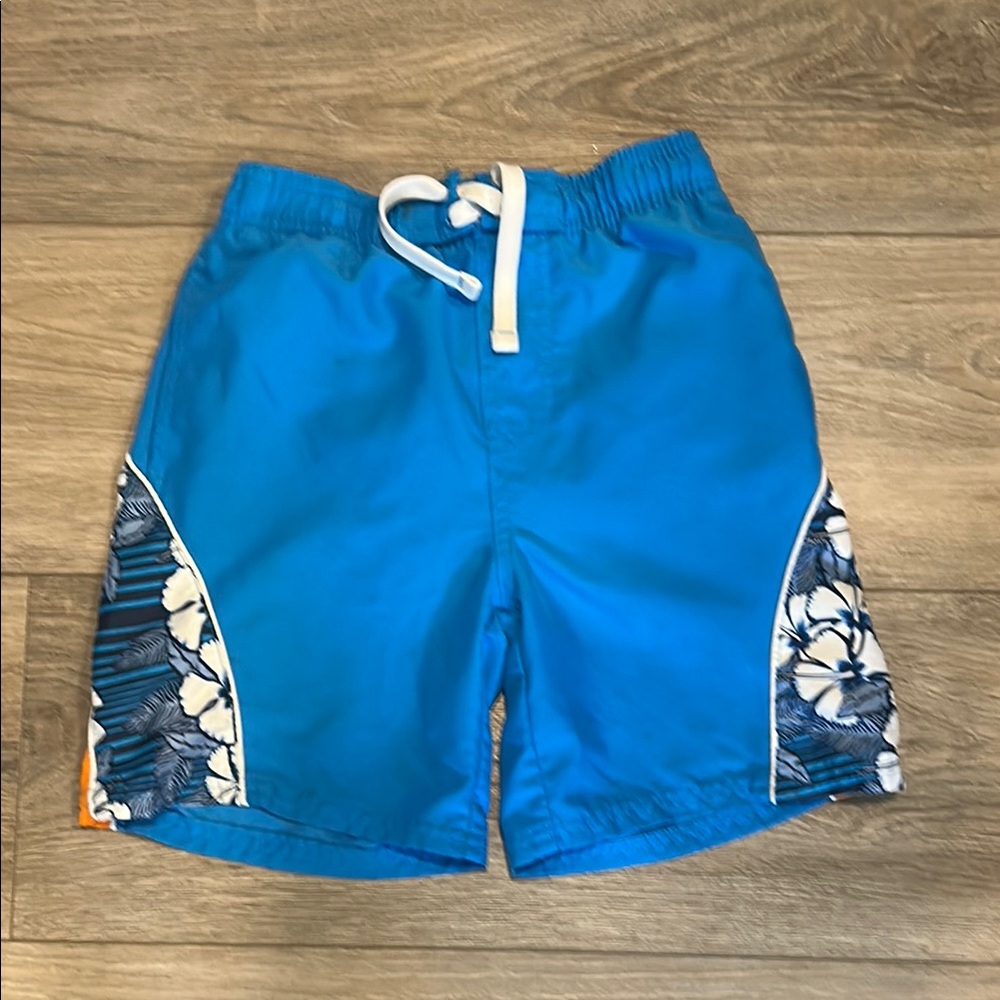 Blue and White Swim Trunks with‎ Tropical Print
